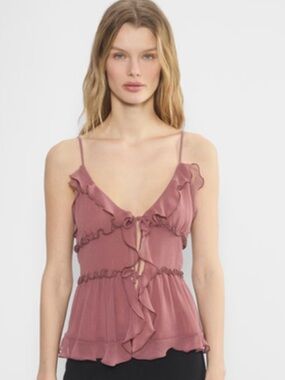 Aritzia Wilfred Amore Ruffled Chiffon Camisole — Mauve Rose